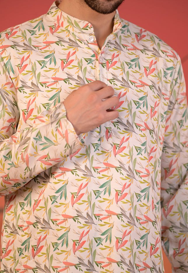 White Cotton Silk Kurta with Multicolor Leaf Print & Trousers Set