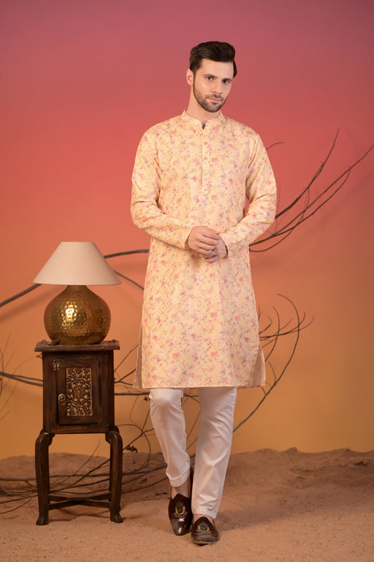 Yellow Katha Cotton Kurta with Zari Accents and Floral Print & Trousers Set