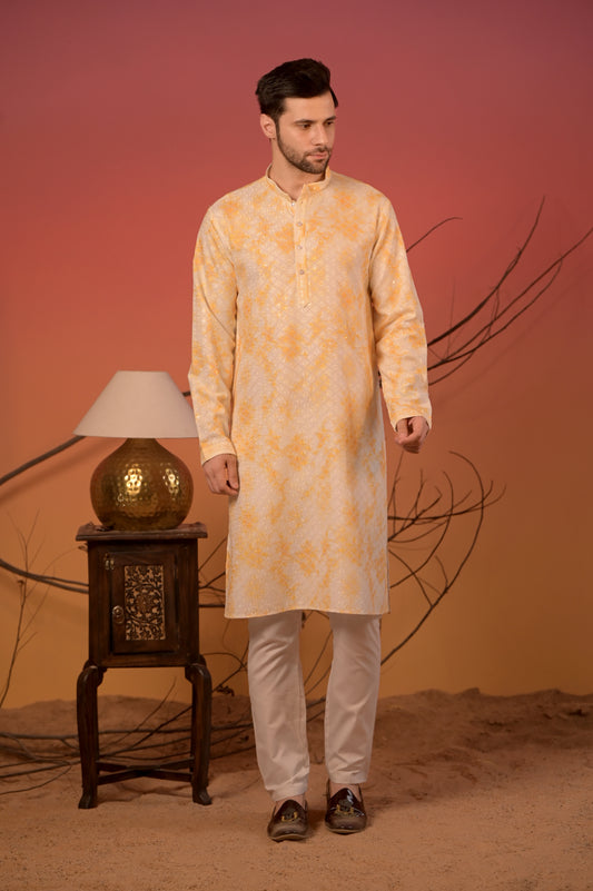 White Cotton Kurta with Lucknowi Threadwork and Yellow Overlay Print & Trousers Set