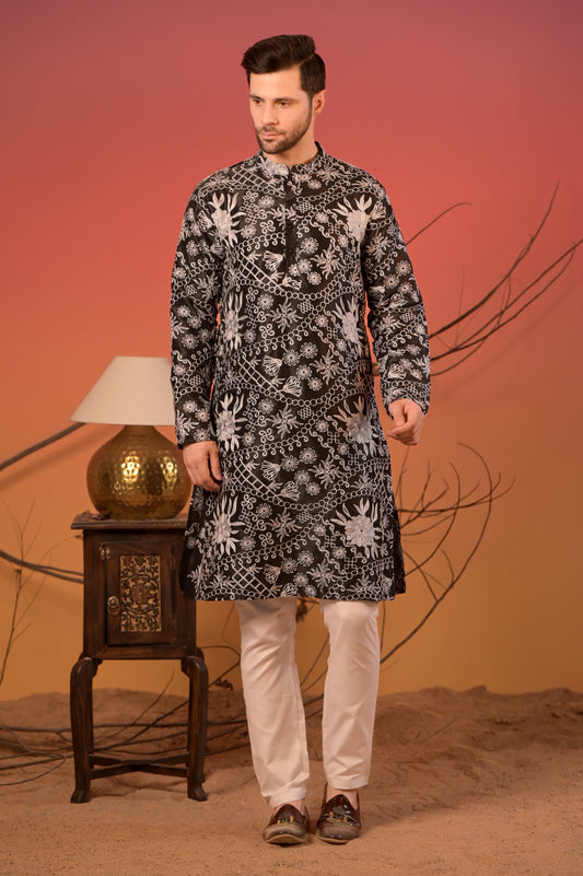 Black Silk Kurta with White Thread Embroidery & Trousers Set