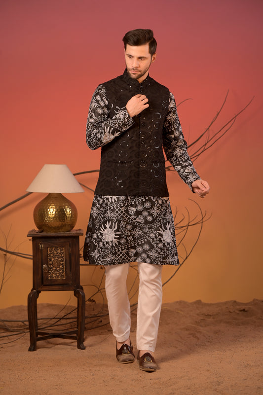 Black Embroidered Silk Kurta with Hakoba Sequin Nehru Jacket & Trousers Set