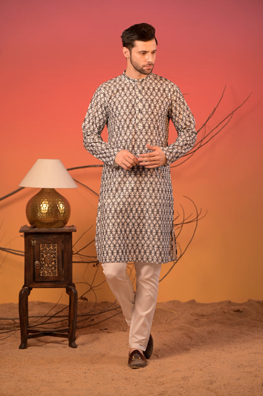 White Cotton Jacquard Kurta with Dark Blue Pattern & Trousers Set
