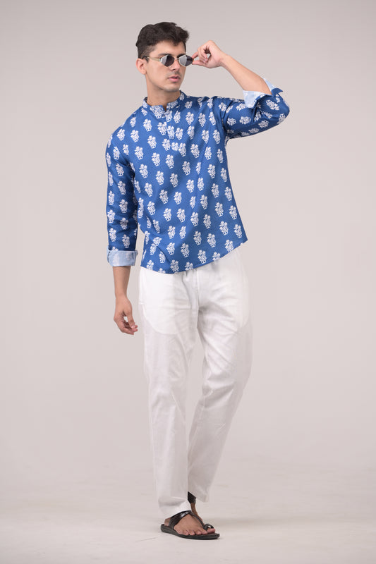 Royal Blue Printed Linen blend Short Kurta
