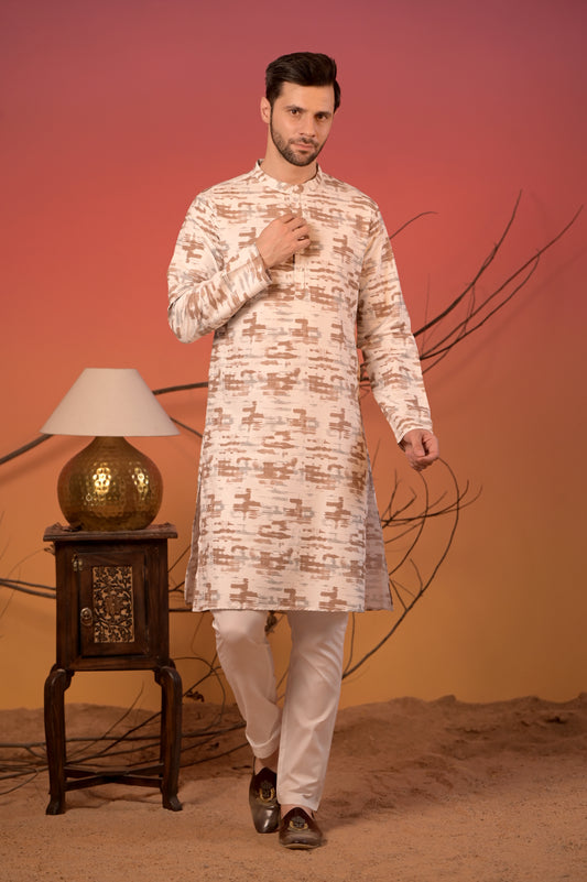 White Giza Cotton Kurta with Abstract Brushstroke Print & Trousers Set
