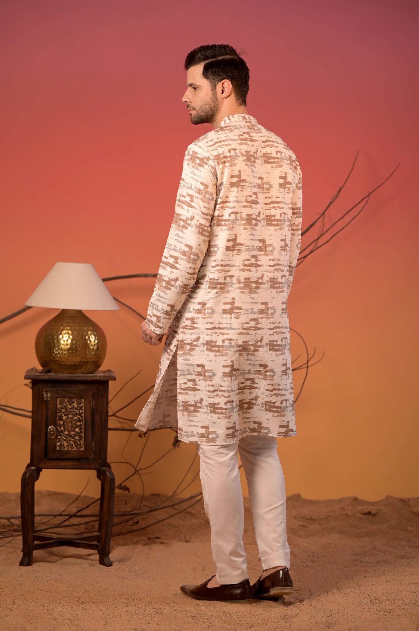 White Giza Cotton Kurta with Abstract Brushstroke Print & Trousers Set
