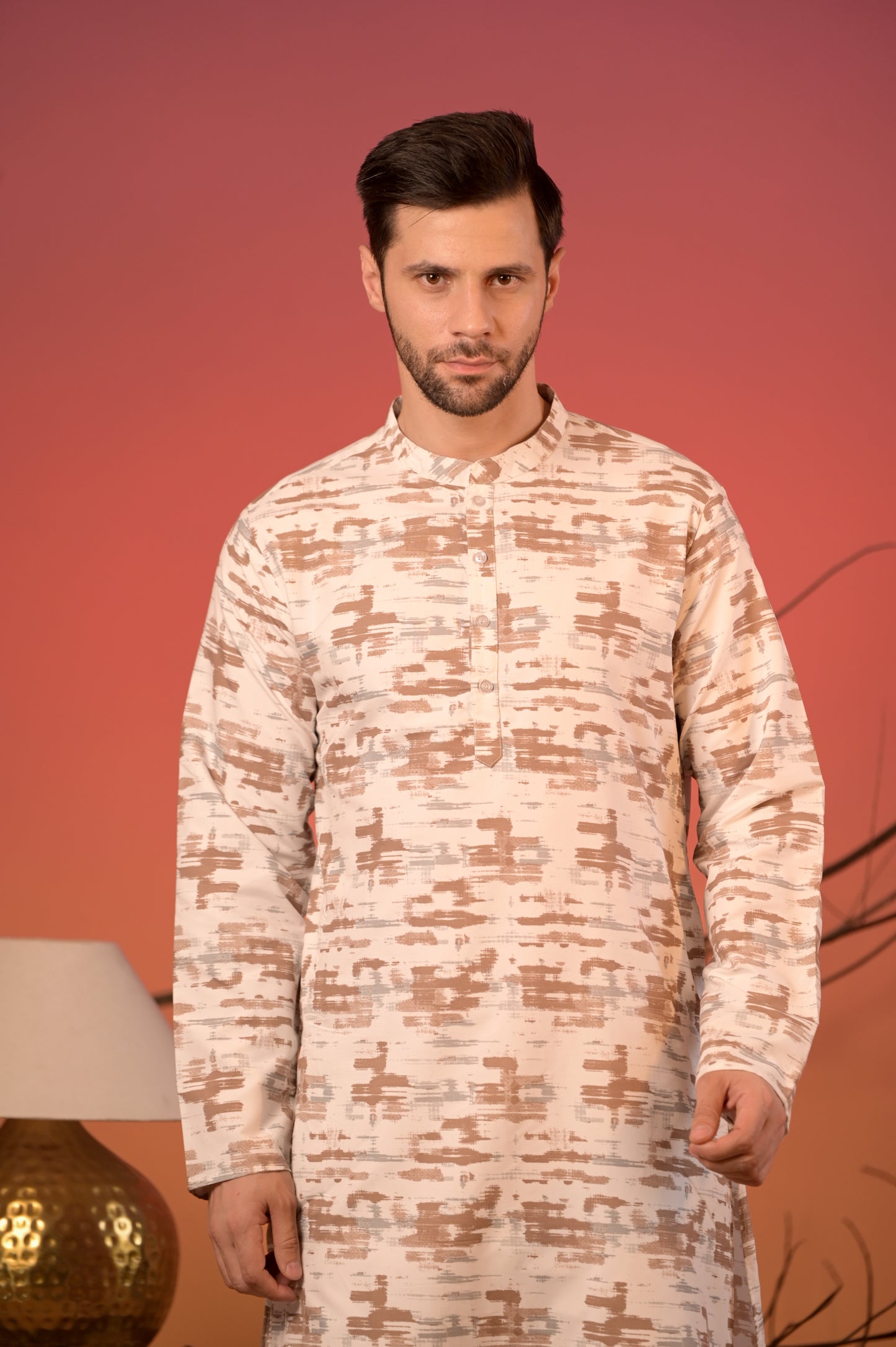 White Giza Cotton Kurta with Abstract Brushstroke Print & Trousers Set