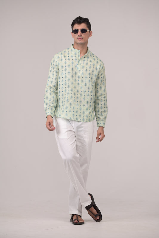 Mint Green Printed Linen blend Short Kurta