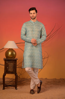 Aqua Blue Linen Lurex Kurta with Silver Zari Motifs & Trousers Set