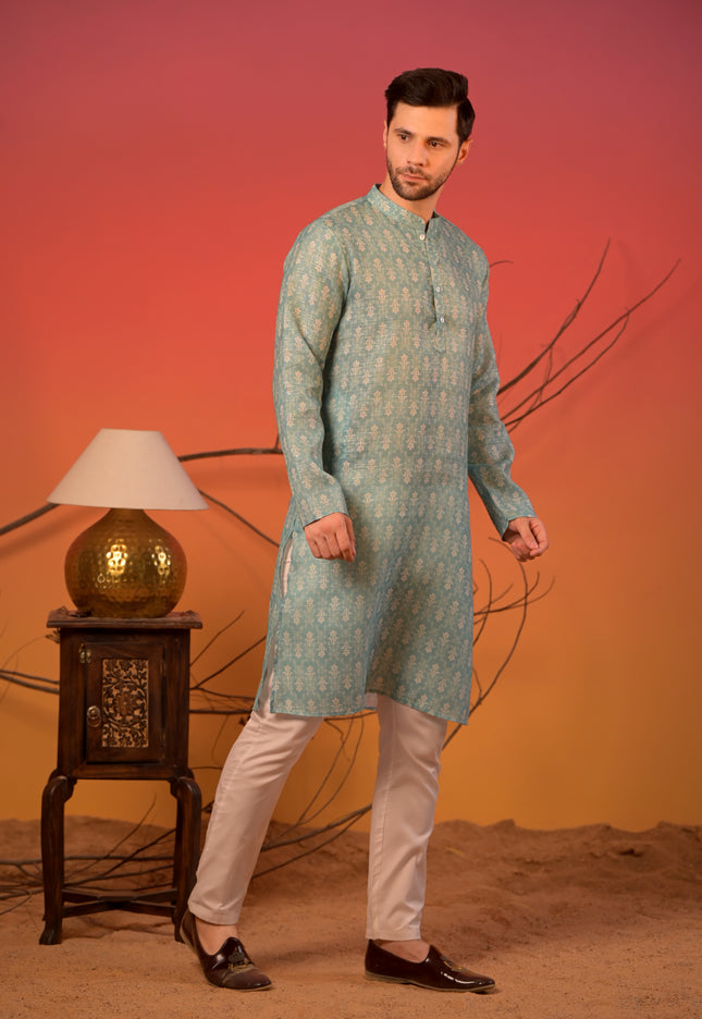 Aqua Blue Linen Lurex Kurta with Silver Zari Motifs & Trousers Set