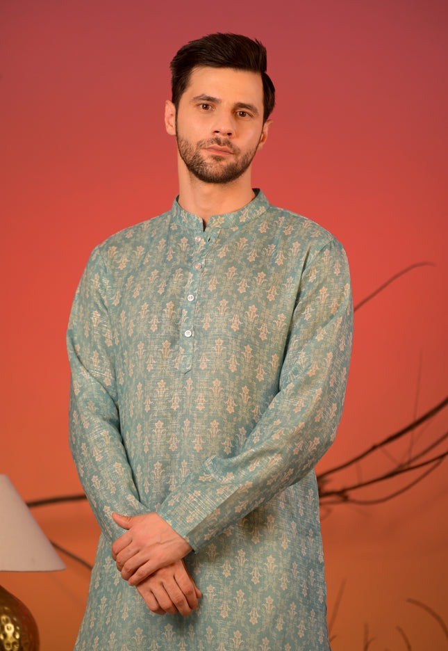 Aqua Blue Linen Lurex Kurta with Silver Zari Motifs & Trousers Set
