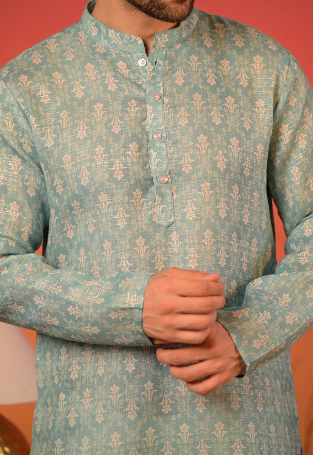 Aqua Blue Linen Lurex Kurta with Silver Zari Motifs & Trousers Set