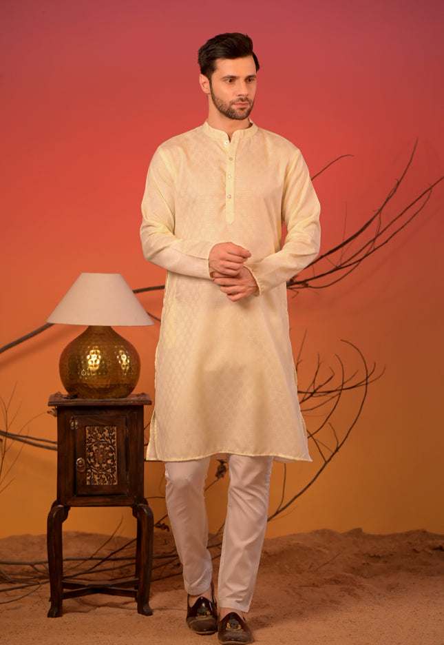 Sunlit Cream Kurta with Yellow Jacquard Nehru Jacket & Trousers Set