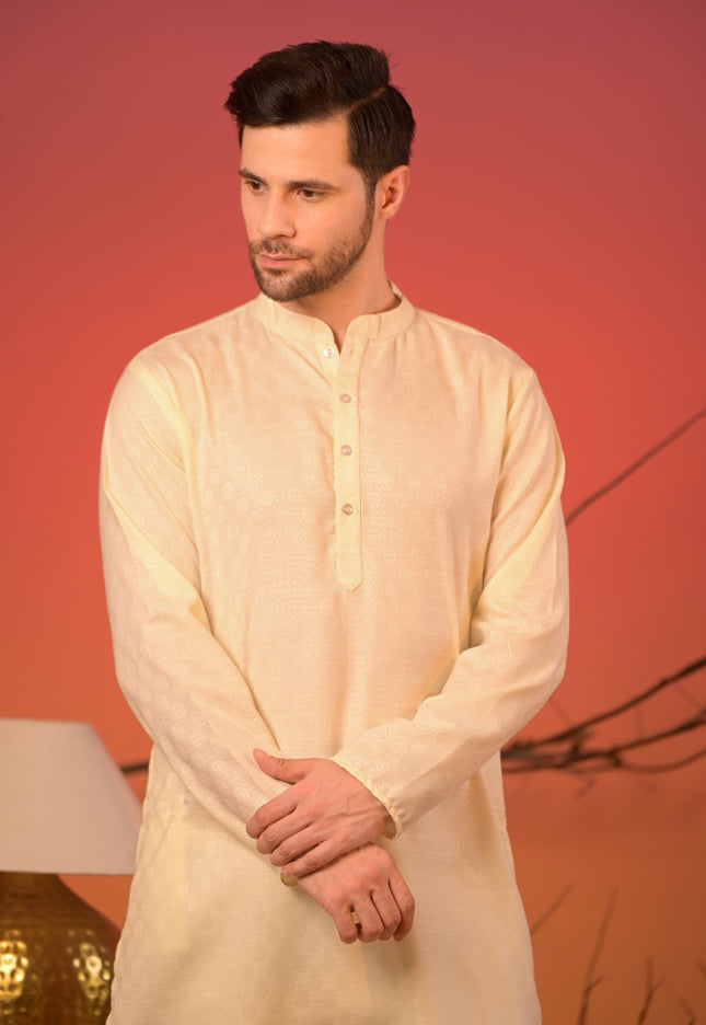 Sunlit Cream Kurta with Yellow Jacquard Nehru Jacket & Trousers Set
