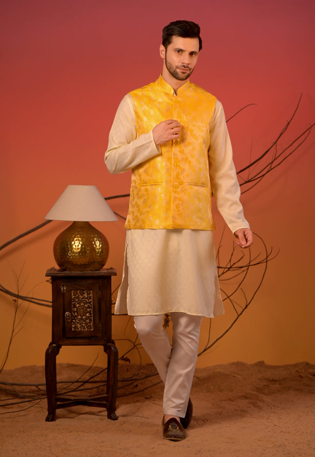 Sunlit Cream Kurta with Yellow Jacquard Nehru Jacket & Trousers Set