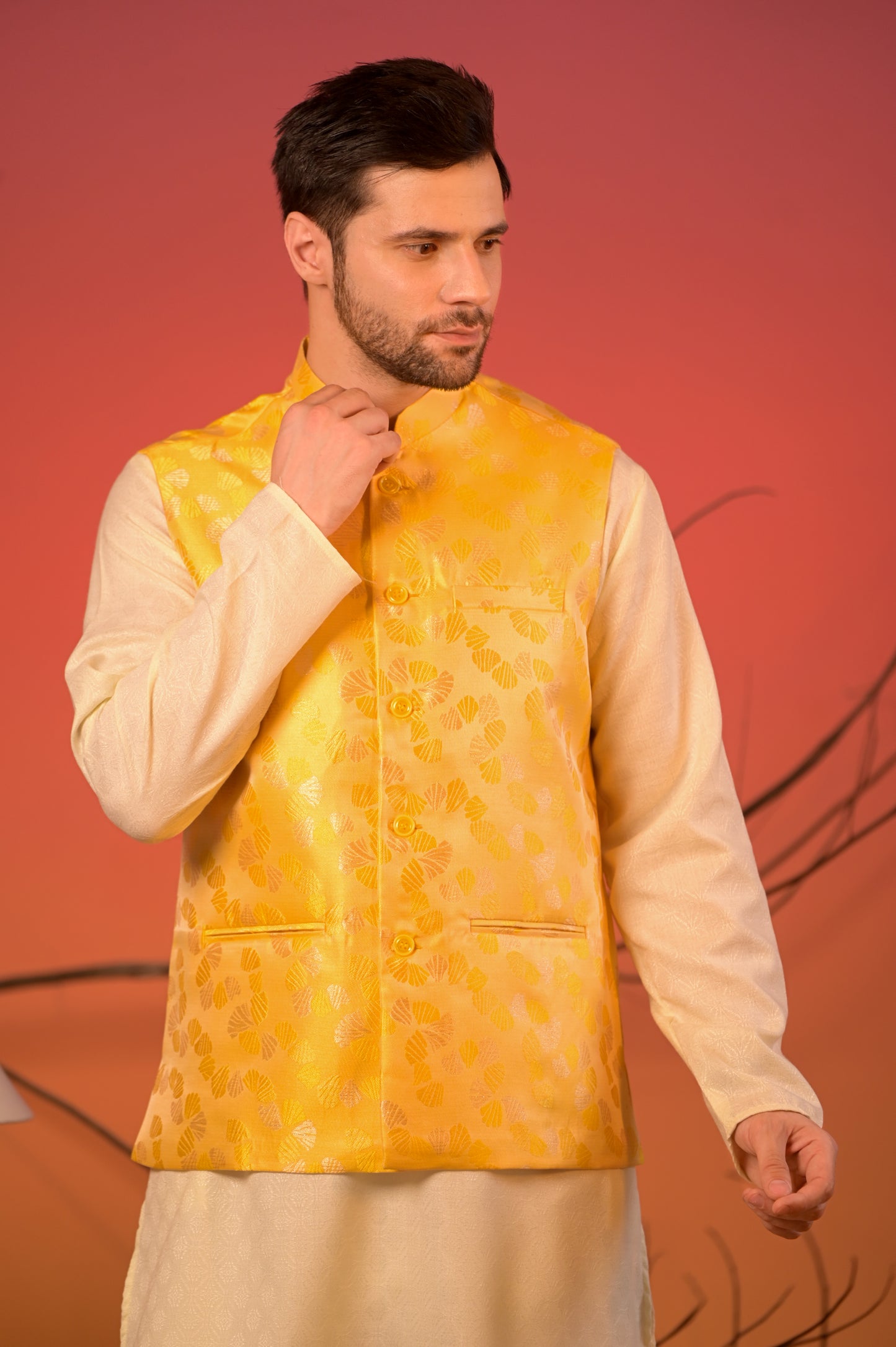 Sunlit Cream Kurta with Yellow Jacquard Nehru Jacket & Trousers Set