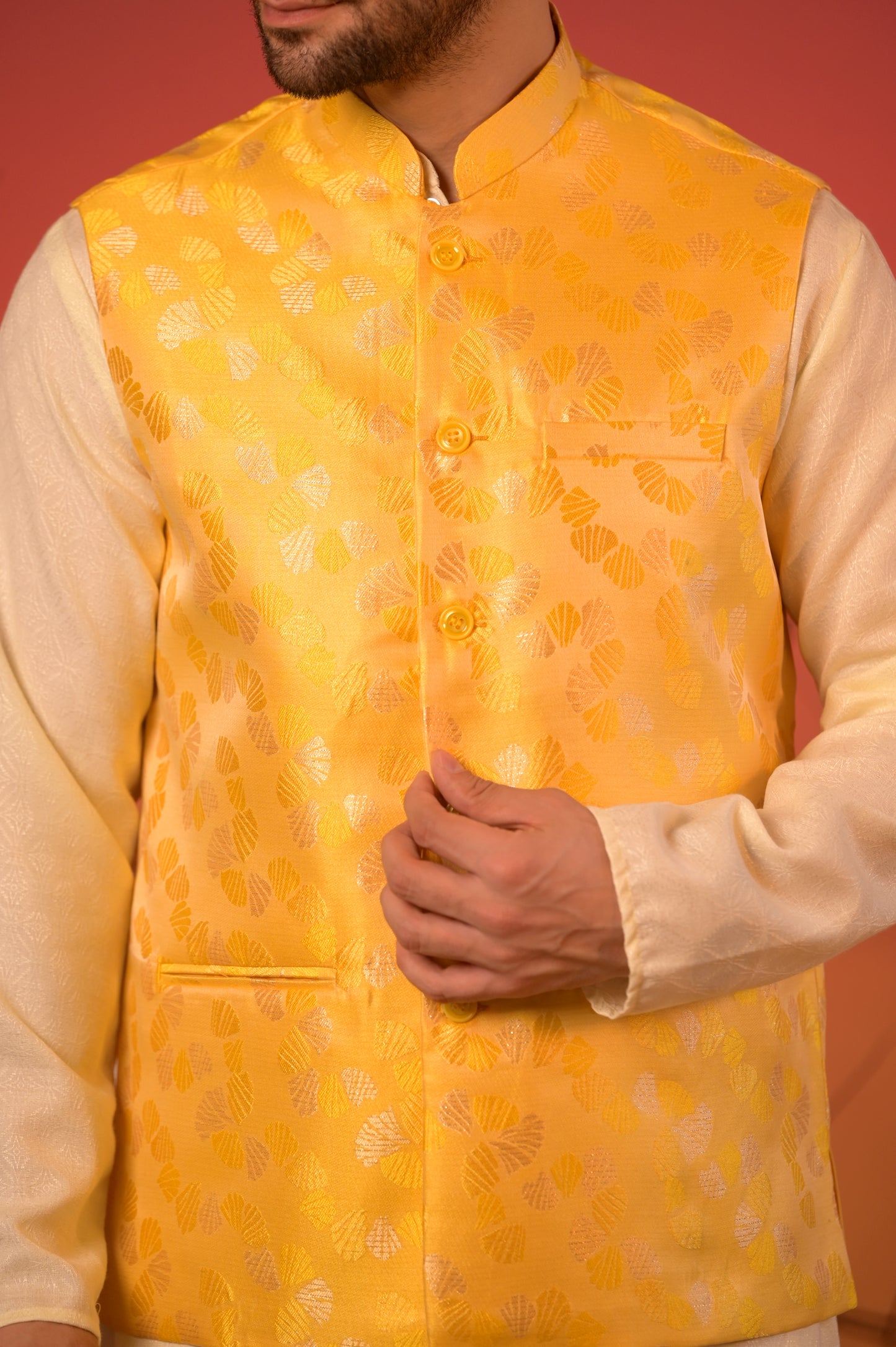 Sunlit Cream Kurta with Yellow Jacquard Nehru Jacket & Trousers Set