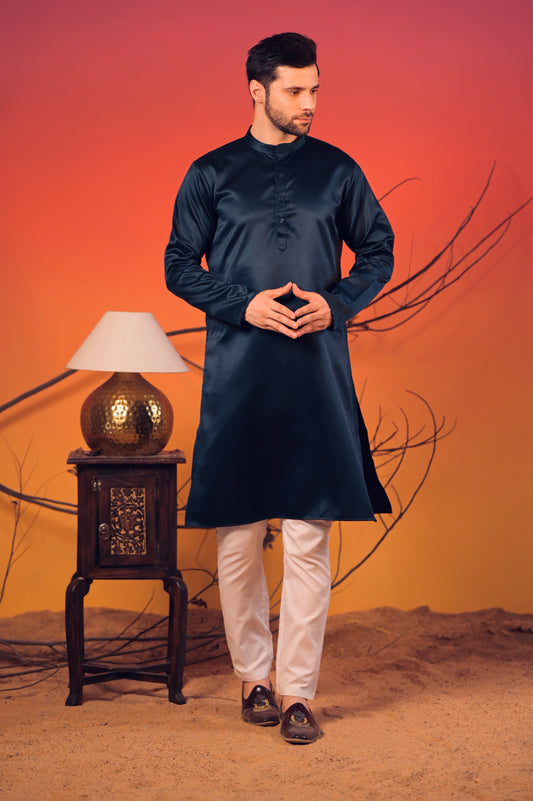 Midnight Blue Textured Cotton Jacquard Kurta – Trousers Set