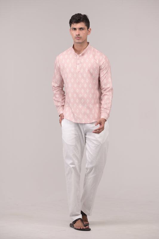 Blush Pink Printed Linen blend Short Kurta