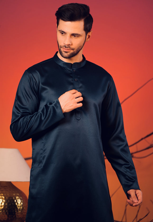 Midnight Blue Silk Kurta with Matching Jacquard Nehru Jacket & White Trousers Set