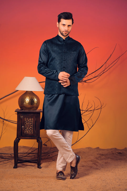 Midnight Blue Silk Kurta with Matching Jacquard Nehru Jacket & White Trousers Set