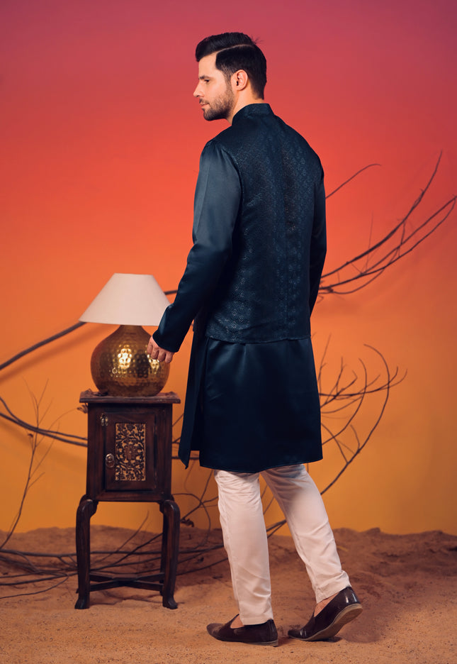 Midnight Blue Silk Kurta with Matching Jacquard Nehru Jacket & White Trousers Set