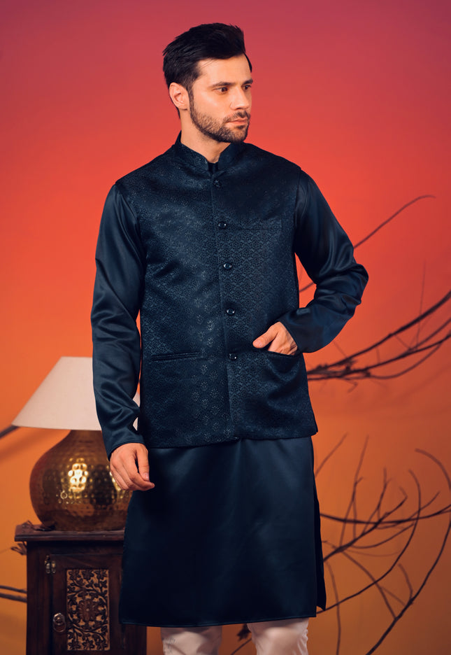 Midnight Blue Silk Kurta with Matching Jacquard Nehru Jacket & White Trousers Set