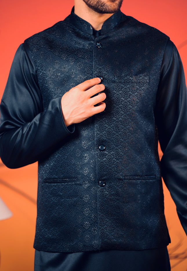 Midnight Blue Silk Kurta with Matching Jacquard Nehru Jacket & White Trousers Set
