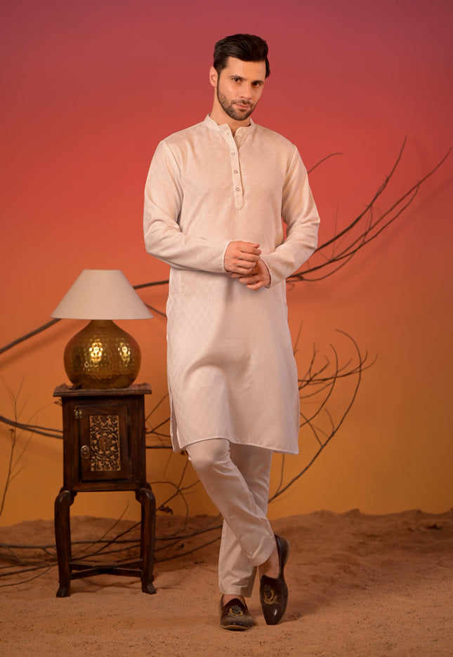 White Kurta with Midnight Blue Jacquard  Textured Nehru Jacket & Trousers Set
