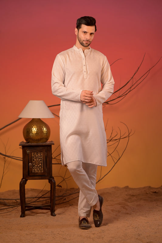 Pure White Self-Textured Kurta – Cotton Jacquard & Trousers Set