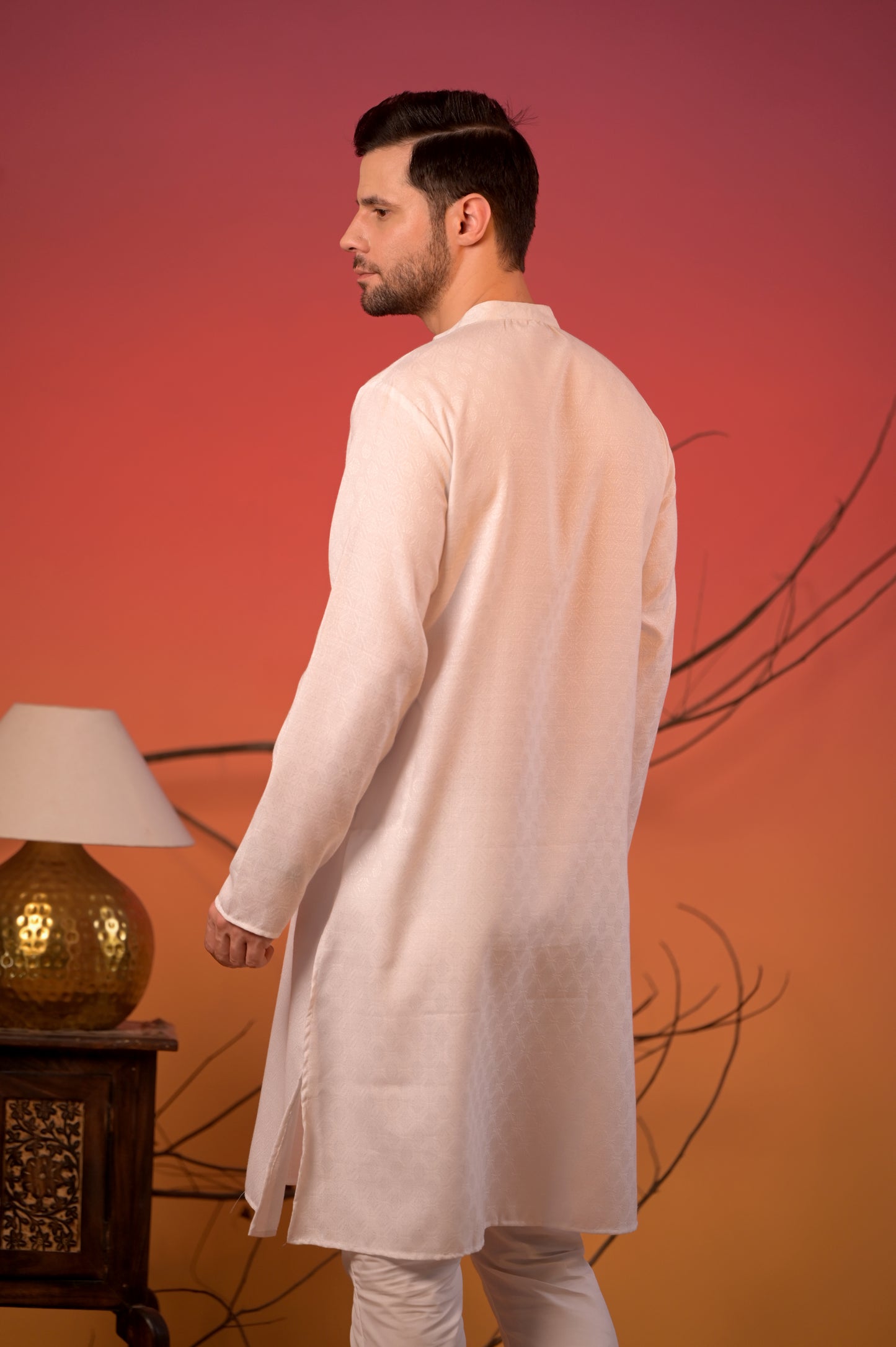 Pure White Self-Textured Kurta – Cotton Jacquard & Trousers Set