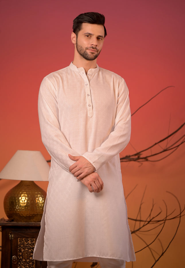 White Kurta with Midnight Blue Jacquard  Textured Nehru Jacket & Trousers Set