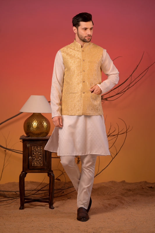 White Jacquard Kurta with Golden Sequin-Embroidered Nehru Jacket & Trousers Set
