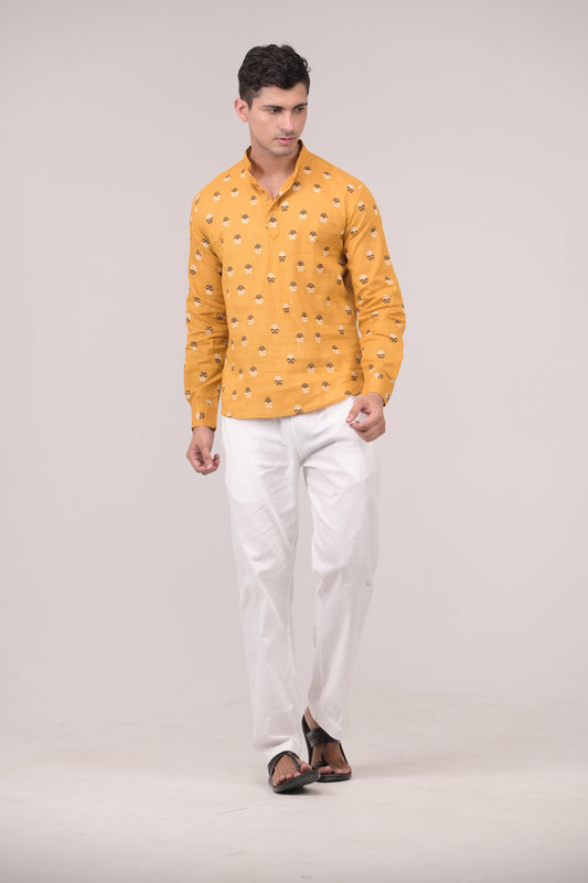 Mustard Yellow Printed Linen blend Short Kurta