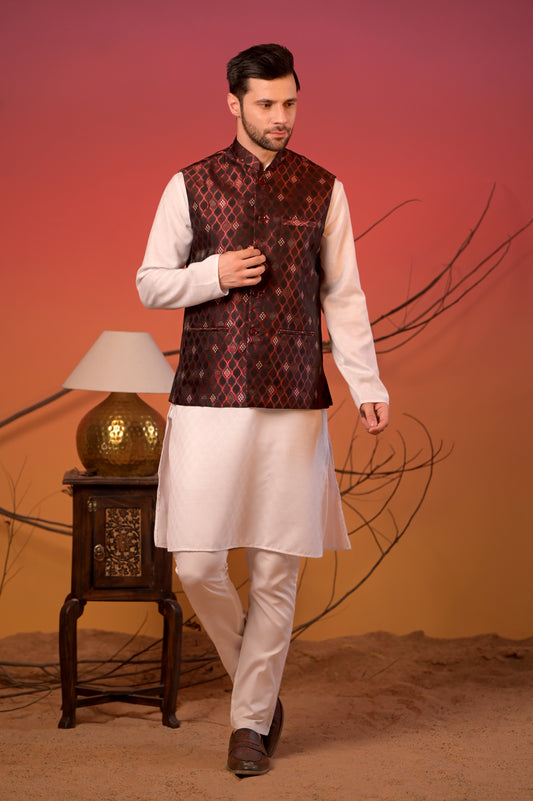 White Jacquard Kurta with Maroon Diamond Weave Jacquard  Nehru Jacket & Trousers Set