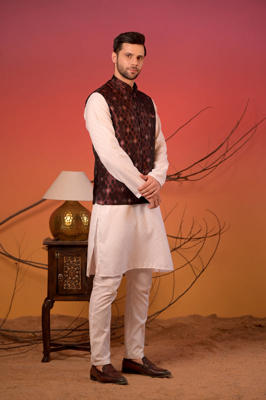 White Jacquard Kurta with Maroon Diamond Weave Jacquard  Nehru Jacket & Trousers Set