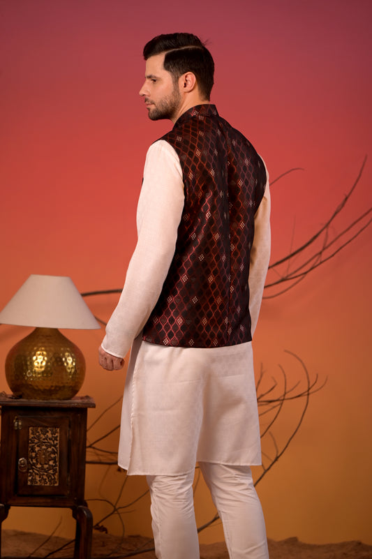 Maroon Diamond Weave Jacquard  Nehru Jacket