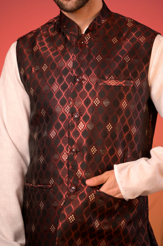 Maroon Diamond Weave Jacquard  Nehru Jacket