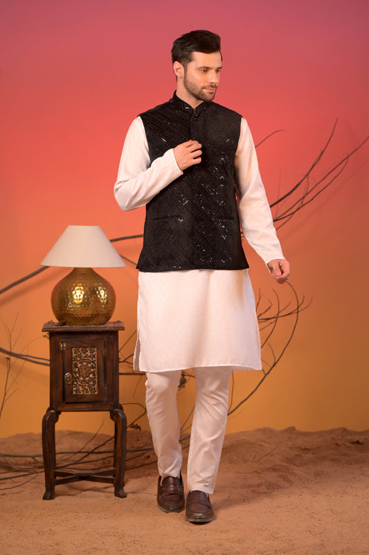 White Jacquard Kurta with Luxe Black Velvet Nehru Jacket & Trousers Set