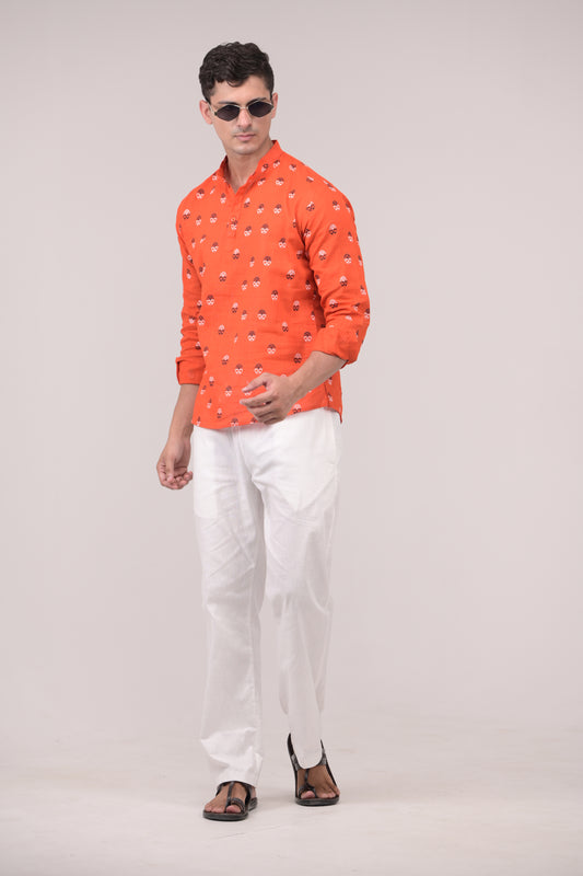 Orange Printed Linen blend Short Kurta