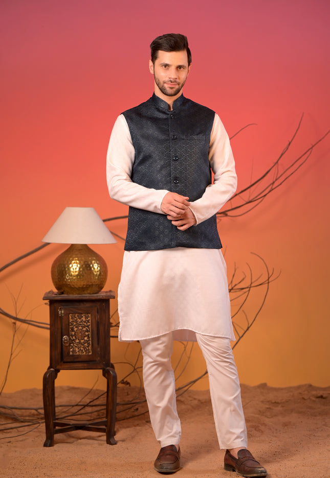 White Kurta with Midnight Blue Jacquard  Textured Nehru Jacket & Trousers Set