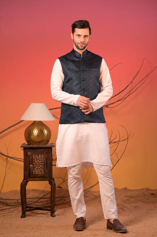 White Kurta with Midnight Blue Jacquard  Textured Nehru Jacket & Trousers Set