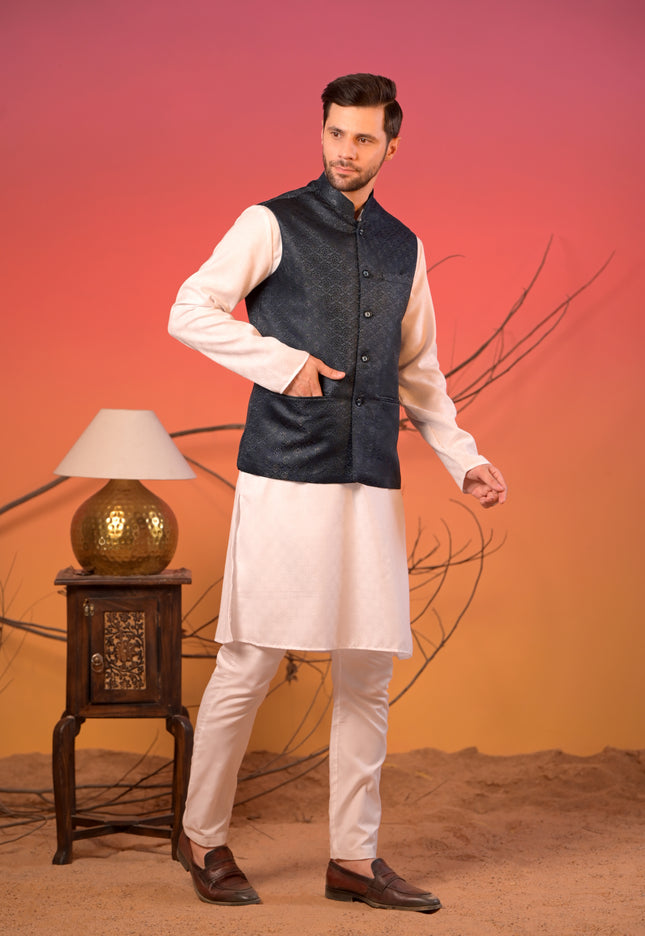 Midnight Blue Jacquard  Textured Nehru Jacket