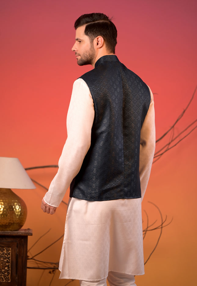 Midnight Blue Jacquard  Textured Nehru Jacket