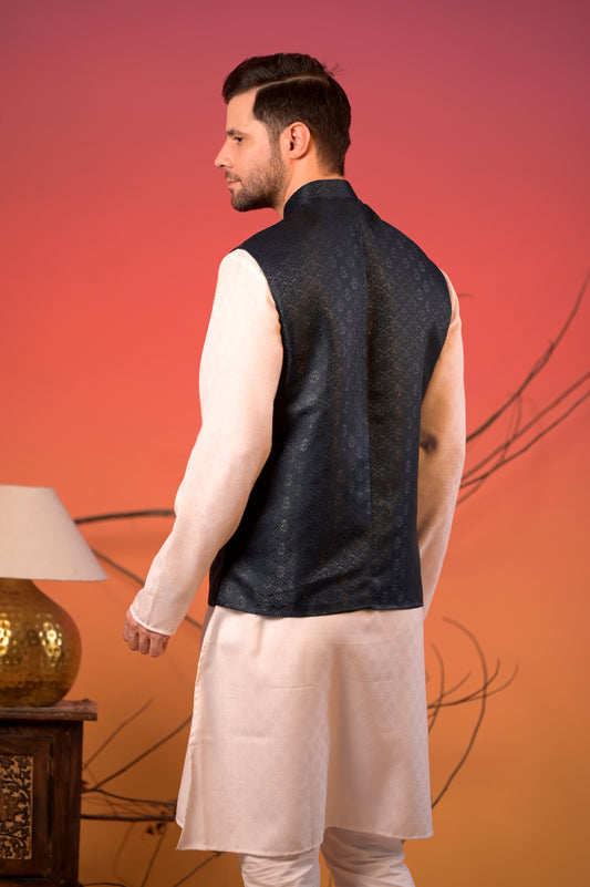 Midnight Blue Jacquard  Textured Nehru Jacket