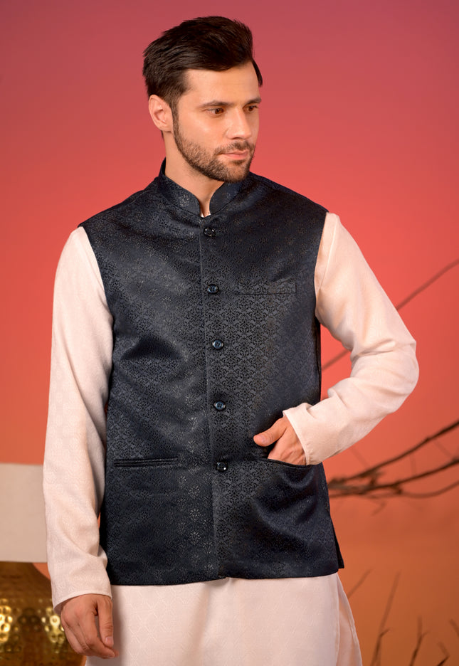 Midnight Blue Jacquard  Textured Nehru Jacket