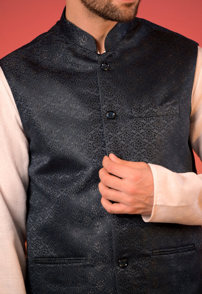 Midnight Blue Jacquard  Textured Nehru Jacket