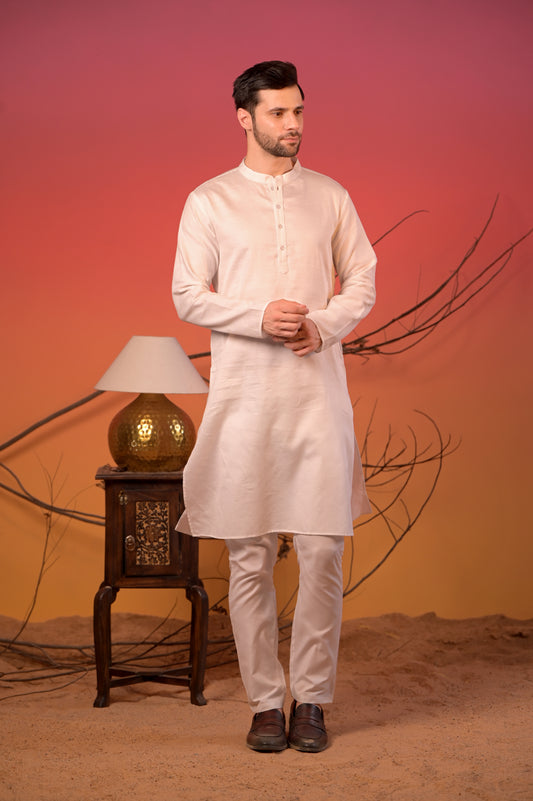 White Satin Linen Kurta with White Trousers Set