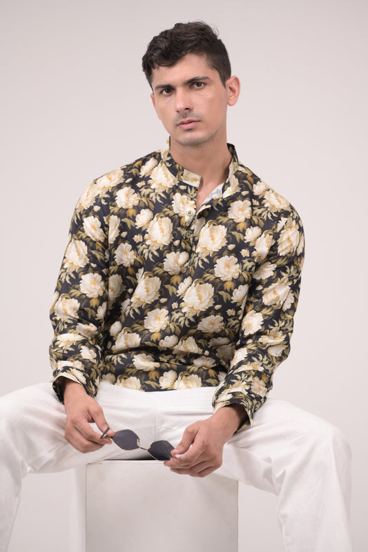 Black Floral Printed Linen blend Short Kurta