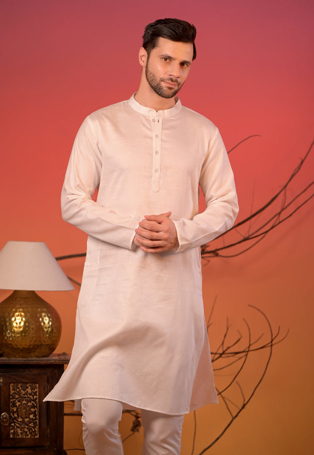 White Linen Silk Kurta with Beige Mirror Embroidered Nehru Jacket & Trousers Set