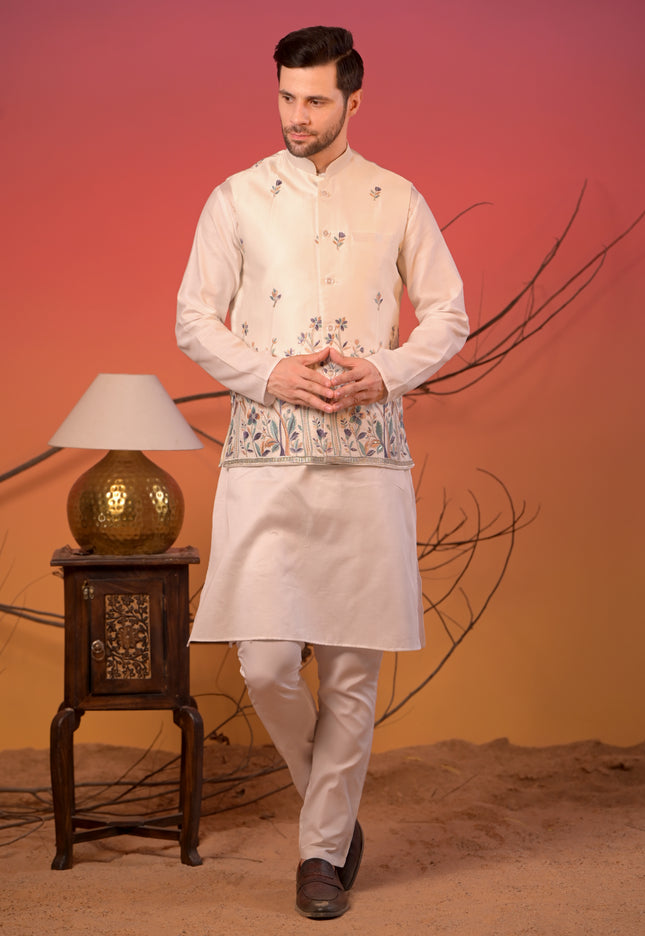 White satin Linen with Ivory Floral Embroidered Nehru Jacket & Pants Set